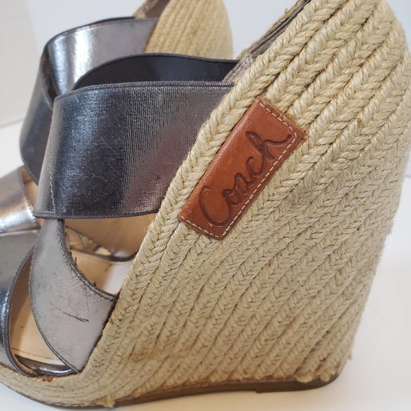 Vintage Coach Silver Pewter Rope Espadrille Platform Wedge Heel Sz 6 Logo - Picture 2 of 10